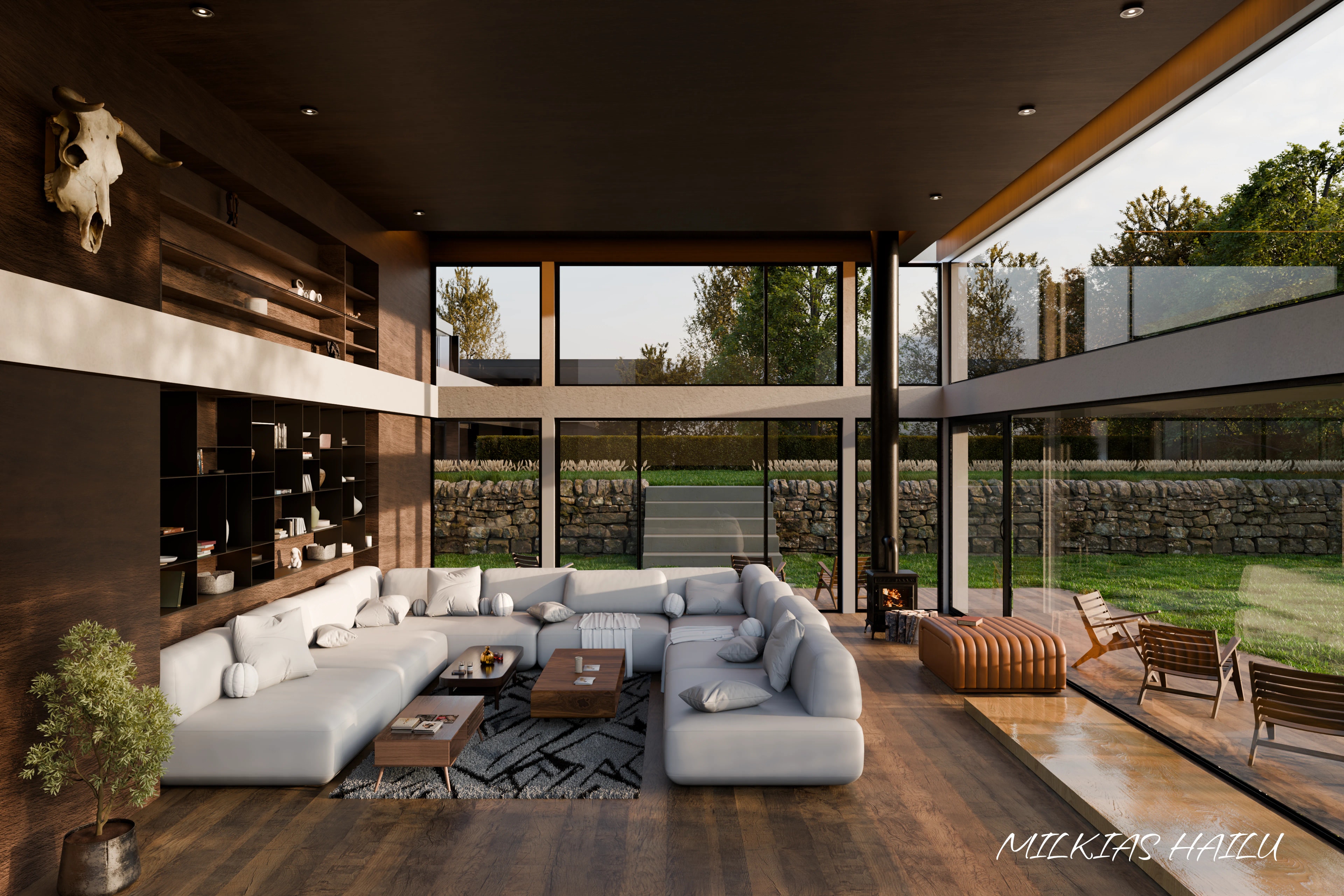 Modern luxury residence with a double-height living room, floor-to-ceiling windows, natural wood finishes, and landscaped stone walls
