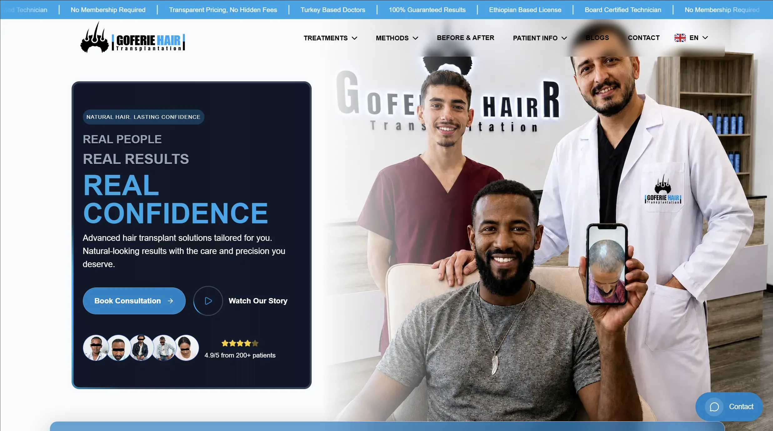 Goferie Hair Transplantation website featuring hair restoration treatments, patient result comparisons, medical information, and consultation interfaces